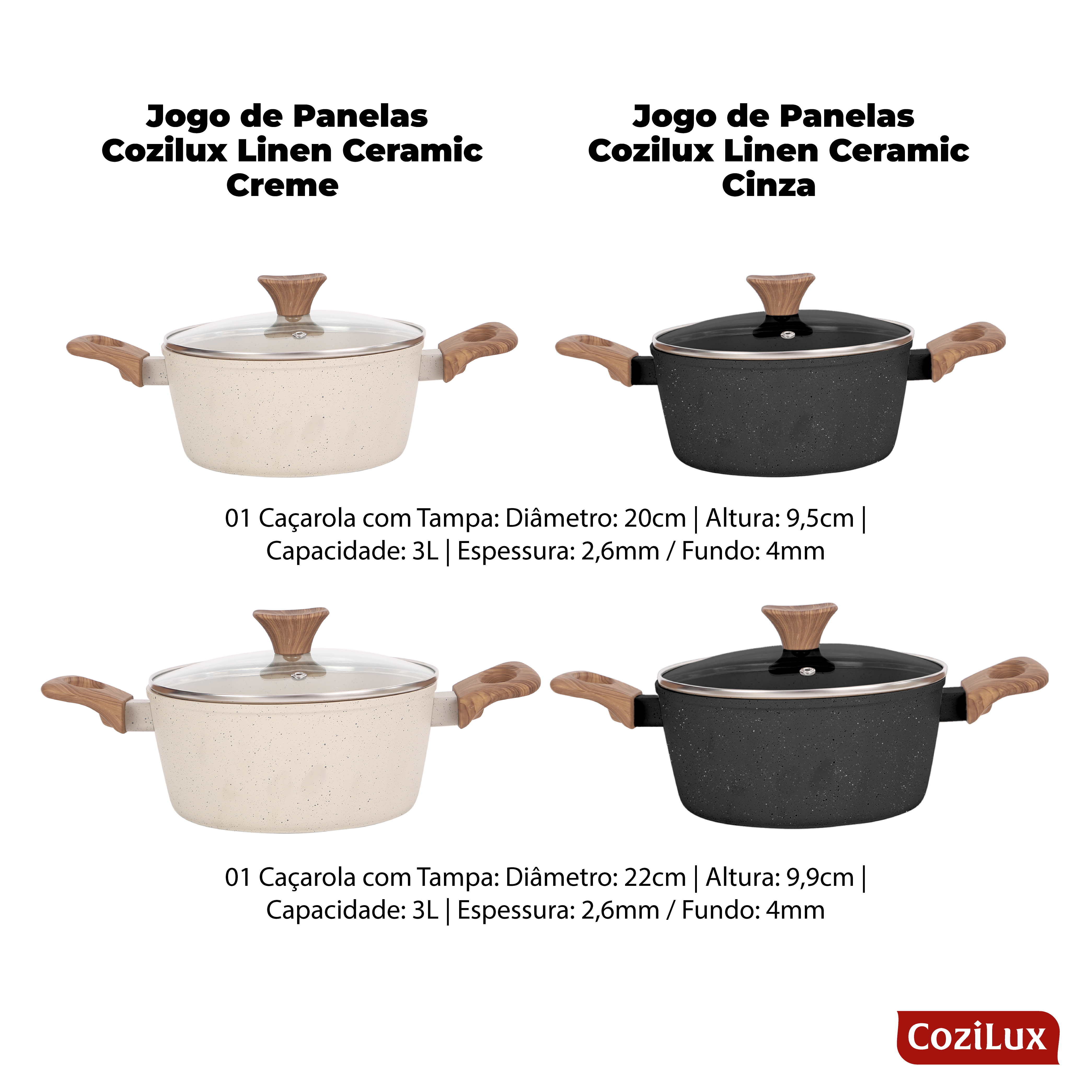 Jogo de Panelas Cozilux Linen Ceramic - Revestimento Cerâmico Antiaderente 8 Peças