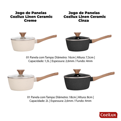 Jogo de Panelas Cozilux Linen Ceramic - Revestimento Cerâmico Antiaderente 8 Peças