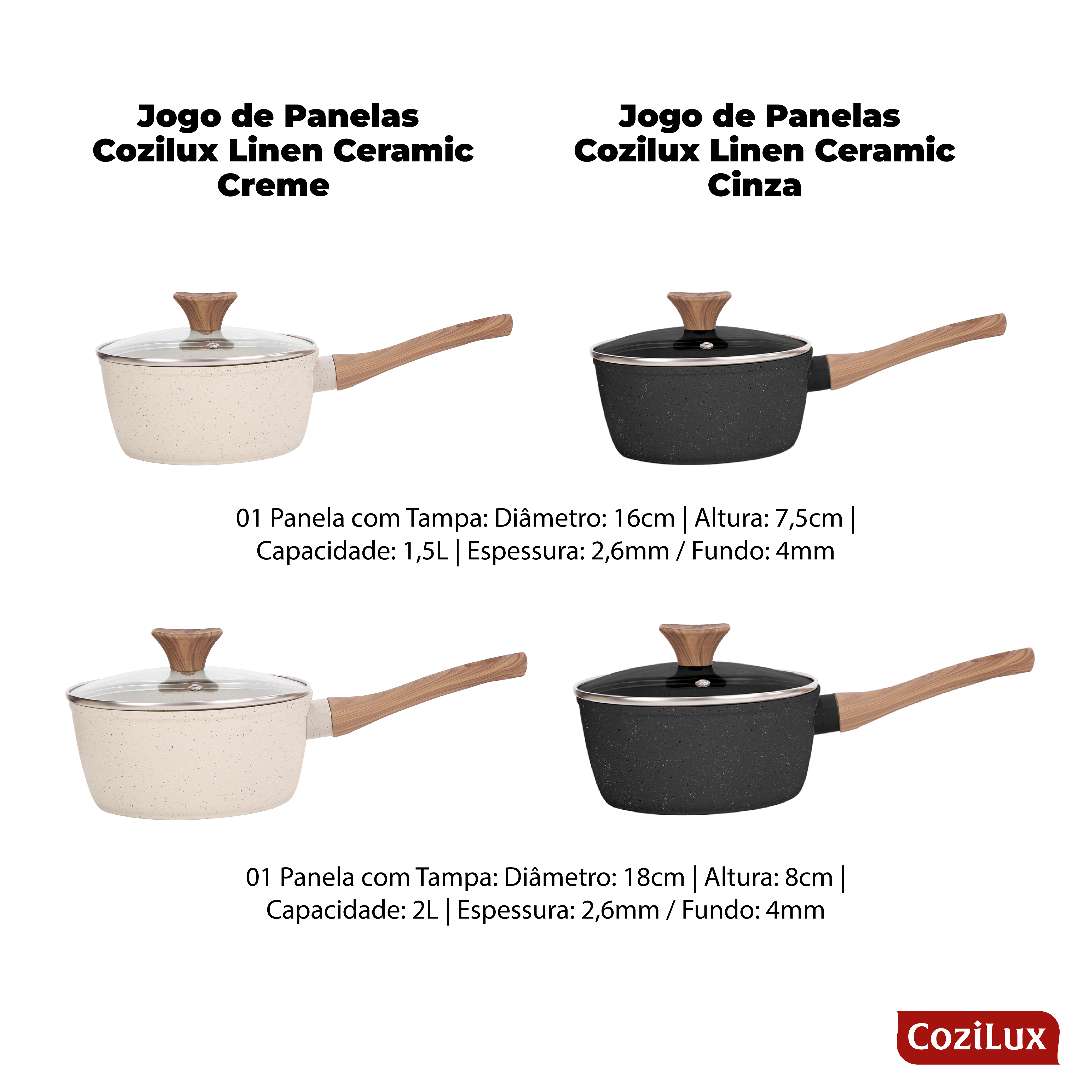 Jogo de Panelas Cozilux Linen Ceramic - Revestimento Cerâmico Antiaderente 8 Peças